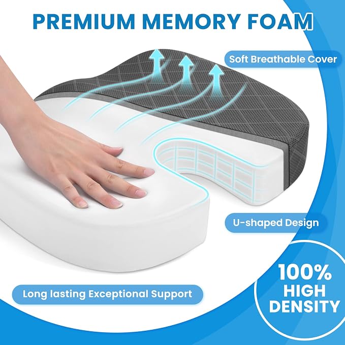 Seat Cushion - Memory Foam Cushion for Office Chair, Car Seat, Airplane, Bleacher - Sciatica & Hip & Coccyx Pain Relief Cushions for Long Sitting Office Workers, Car Drivers (Grey, X-Large) | for Car Seat, Airplane, Desk Chair - Sciatica & Hip & Coccyx... - Image 3