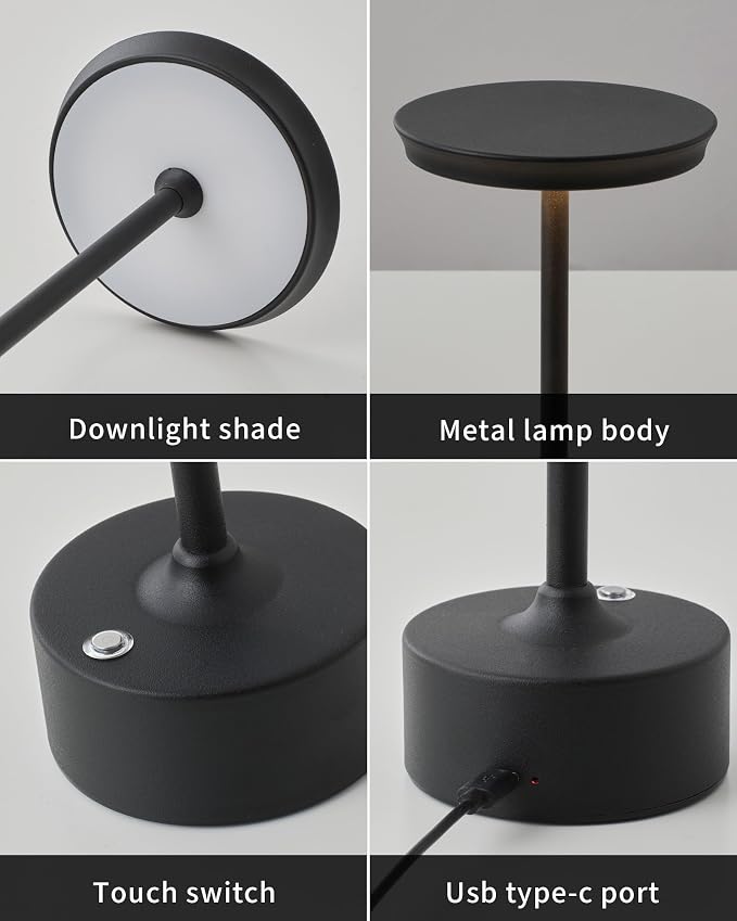 PUSU Rechargeable Table Lamps Set of 2, Black Cordless Portable Desk Lamp | 4000mAh Battery, Stepless Dimming & 3 Color 2700K-6000K, LED Lamp for Bedroom, Living Room, Restaurant, Outdoor, Night Light - Image 8