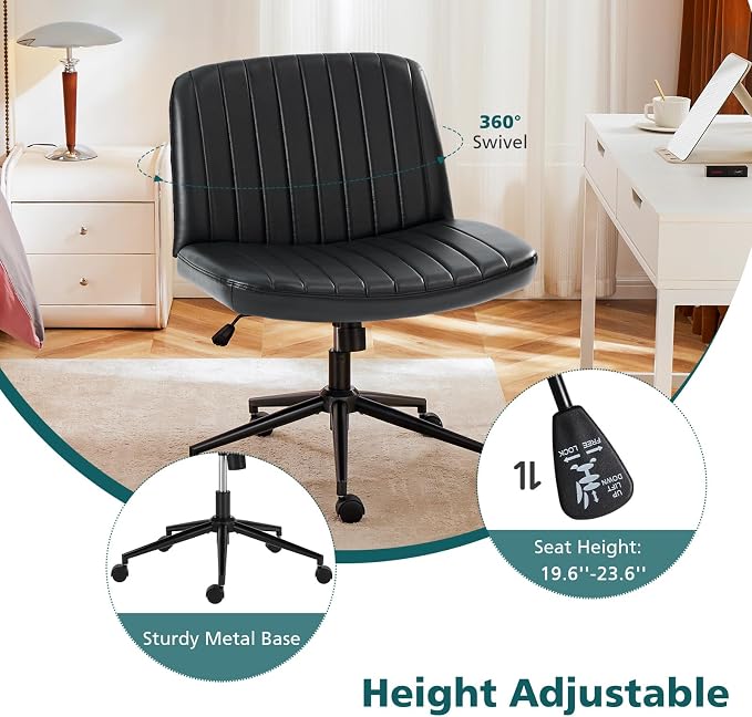 OLIXIS Criss Cross Chair with Wheels, Vanity Chair, Home Office Desk | Wide Seat Armless, Faux Leather, Height Adjustable Swivel Rolling, Home Computer Task Seating for Bedroom Study, Black PU - Image 5