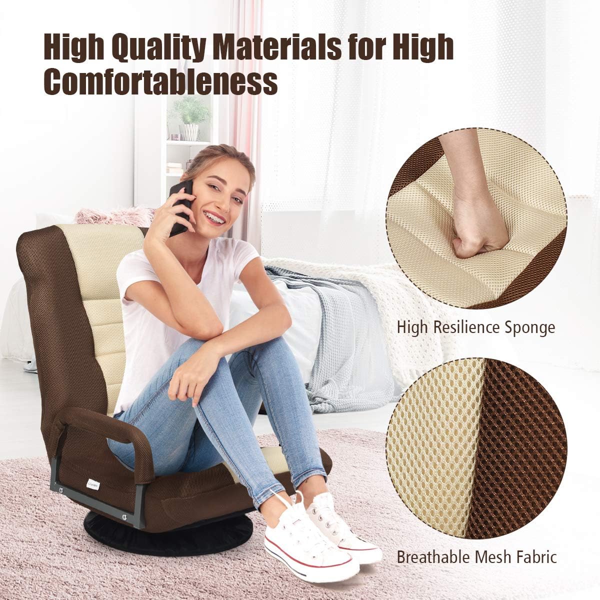 GIANTEX Floor Chair with 360 Degree Swivel Base, Adjustable Backrest, Lumbar Support, Armrest, Foldable Lazy Sofa Rocker for TV, Reading, Playing Video Games, Gaming Chair Floor, Beige/Brown - Image 4