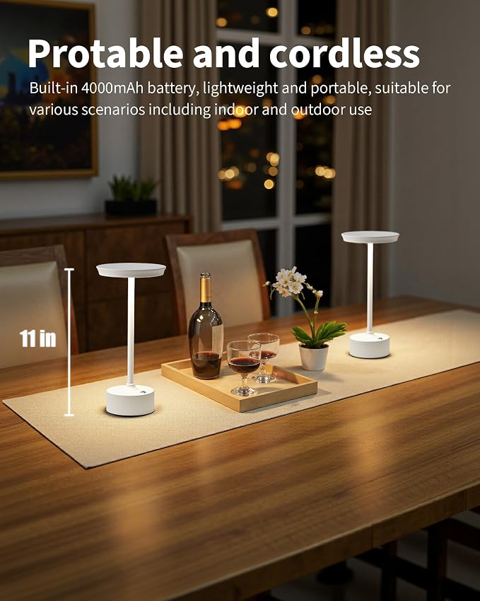 PUSU Rechargeable Table Lamps Set of 2, White Cordless Portable Desk Lamp | 4000mAh Battery, Stepless Dimming & 3 Color 2700K-6000K, LED Lamp for Bedroom, Living Room, Restaurant, Outdoor, Night Light - Image 2