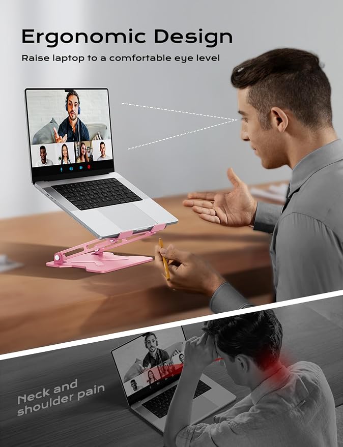 JCZT Adjustable Laptop Stand for Desk, Metal Foldable Laptop Riser, Pink | Ergonomic Portable Laptop Stand, Ventilated Cooling Computer Notebook Holder for MacBook Air Pro, All 10-16'' Laptops - Image 2