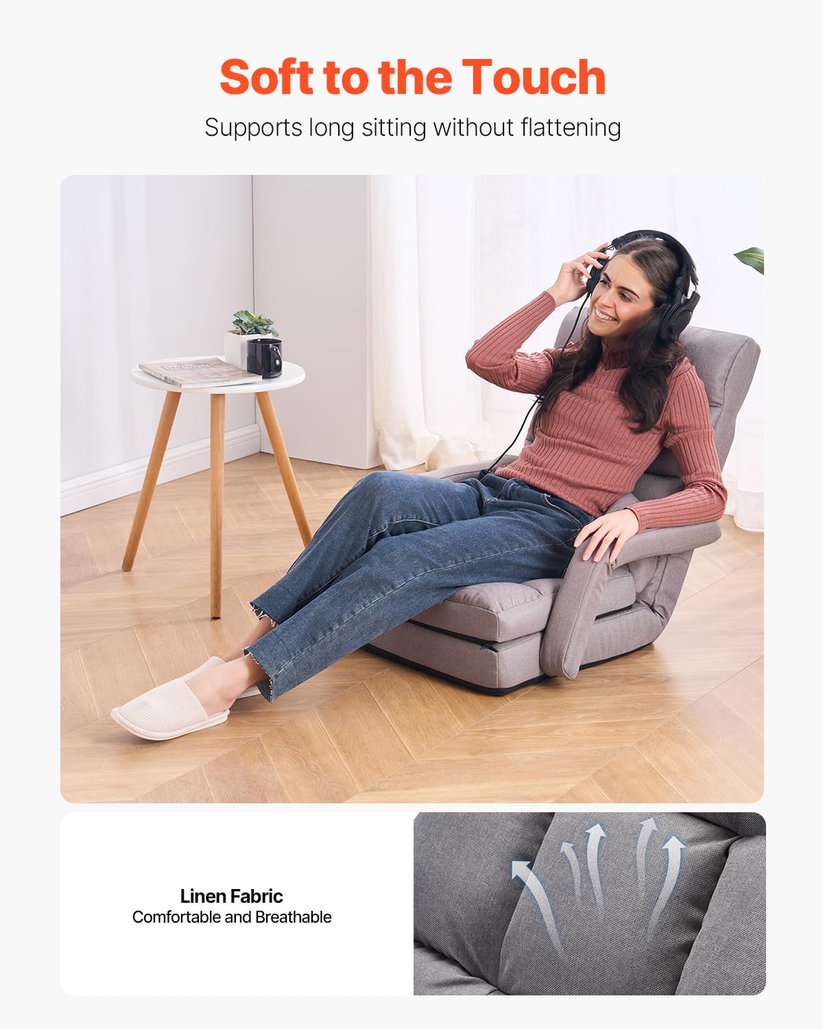VEVOR Floor Chair, Floor Gaming Chair with 5 Adjustable Position and Back Support, Folding Sofa Chair with Armrest, Sofa Lounger Bed with Back Cushion for Living Room and Bedroom, Gray - Image 5