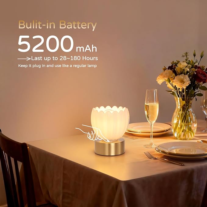 Shenmoyl Cordless Small Table Lamp with 5200mAh Battery & Touch Control, Battery Operated Tulip Table Lamp with 3 Colors, Rechargeable Mini Table Lamps for Bedsides, Bedroom, Nightstand (White) - Image 2