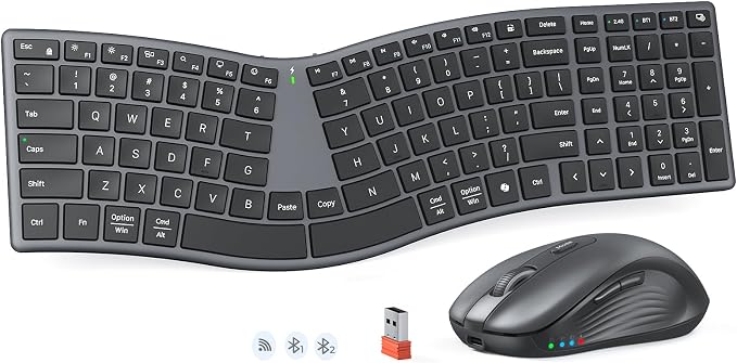 MEETION Wireless Ergonomic Keyboard and Mouse, Split S-Curve Design, Black | Dual Bluetooth and 2.4GHz connectivity, low-profile rechargeable keyboard, 4 DPI mouse for Windows, Mac, PC and laptop by MEETION