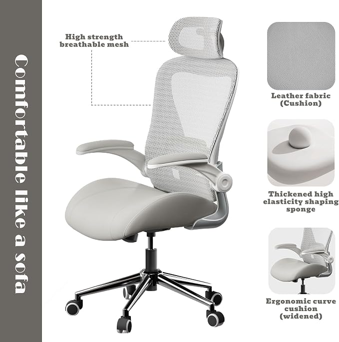 Grey Ergonomic Home Office Desk Chair, Premium Thickened Leather Curved seat with Breathable mesh Back, 3D headrest and Adjustable Lumbar Support, Ideal Chair for Office or Gaming, Gray - Image 5