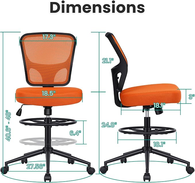 Armless Drafting Chair Tall Office Chair for Standing Desk - Adjustable Height Mesh Ergonomic Drafting Stool with Foot Ring & Wheels, Rolling Counter Height Computer Chair for Home Office - Image 2