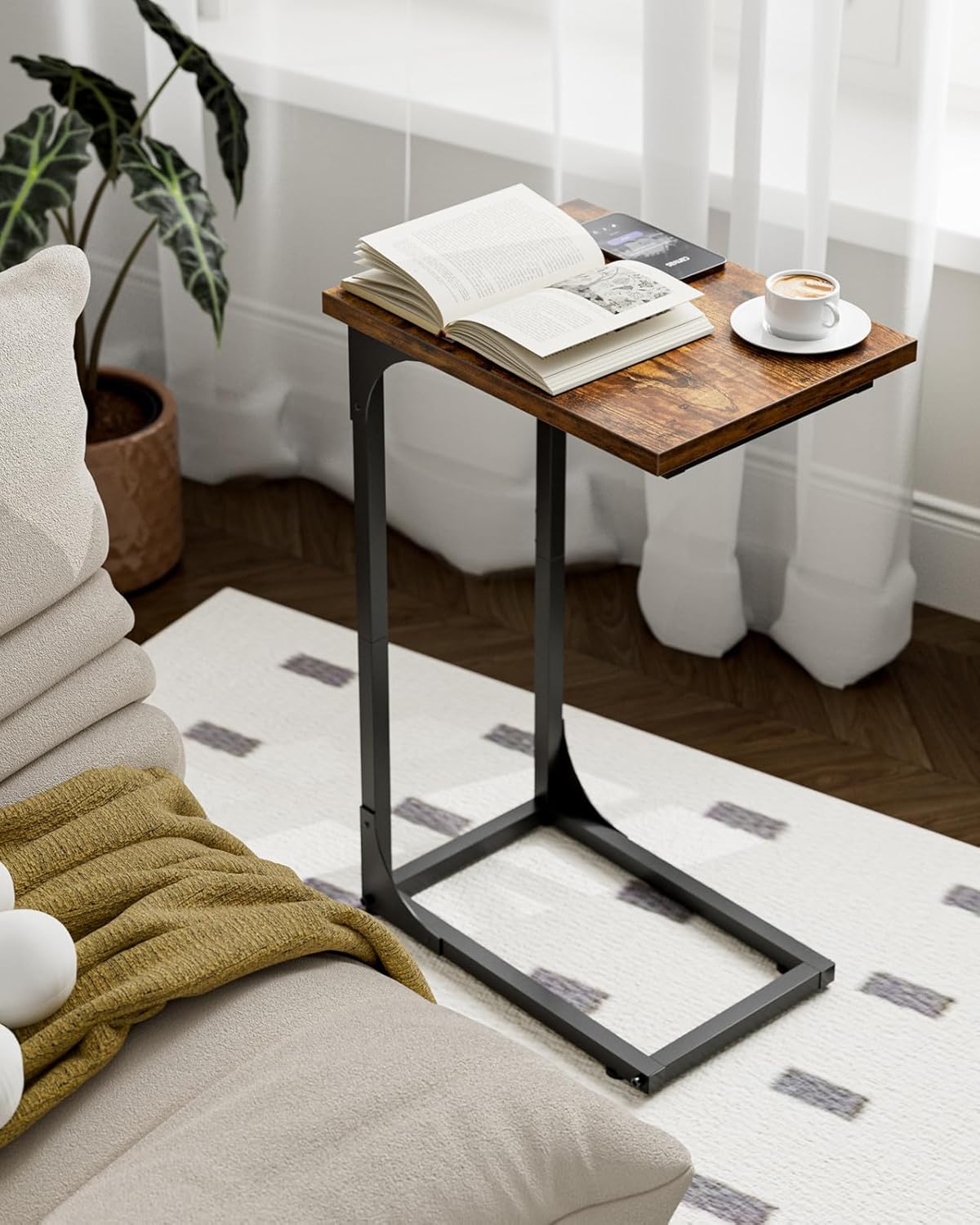 C-Shaped Side Table for Couch - Small Coffee Stand Sofa Tray Desk with Metal Frame and Waterproof Scratch Resistant, Modern End Accent for Living Room, Bedroom, Small Spaces, Rustic Brown - Image 8