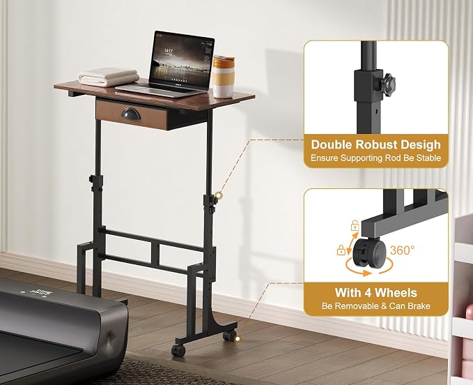 Adjustable Height Standing Desk With Drawer, Rolling Sit Stand Up Desk With Wheels, Small Sit To Stand Computer Desk, Adjustable Desktop Height, On Wheels, Brown, For Walking Pad Laptop Treadmill - Image 5