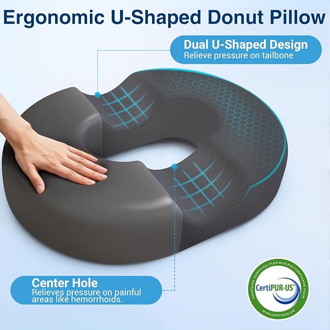 Donut Seat Cushion, Hemorrhoid Pillow, Office Chair Cushion, Gray, Large | Ergonomic Design, Breathable Cover, for Tailbone Pain, Hemorrhoids & Long Sitting Hours, for Home & Office, - Image 6