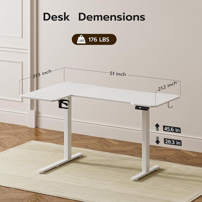 L Shaped Electric Standing Desk - 51x31.5 Inch Reversible Corner Sit Stand Desk with Hook&Cup Holder,Electric Height Adjustable Table,for Small Home Office&Bedroom Computer Desk, White - Image 3
