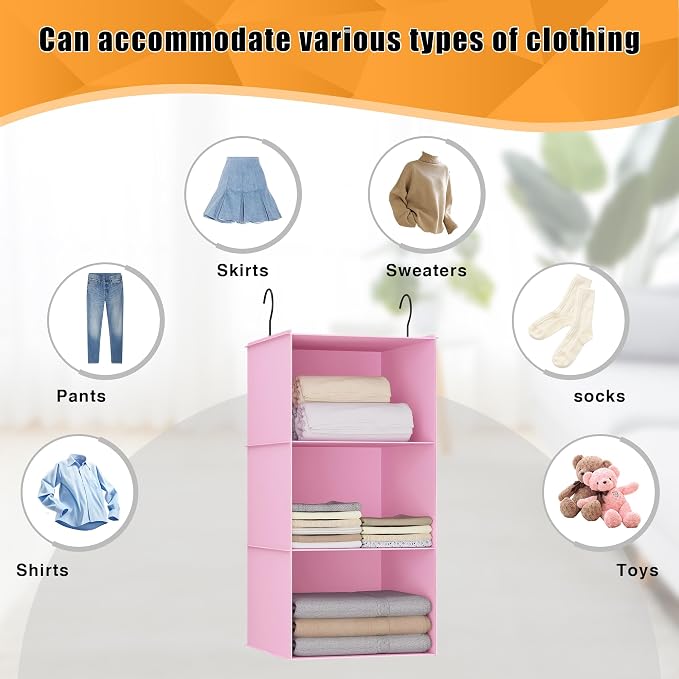 Hanging Closet Organizer 3-Shelf, Oxford Fabric Wardrobe Storage, Pink | Easy-mount foldable design holds clothes, handbags, shoes & accessories; washable Oxford fabric, sturdy and space-saving. - Image 7