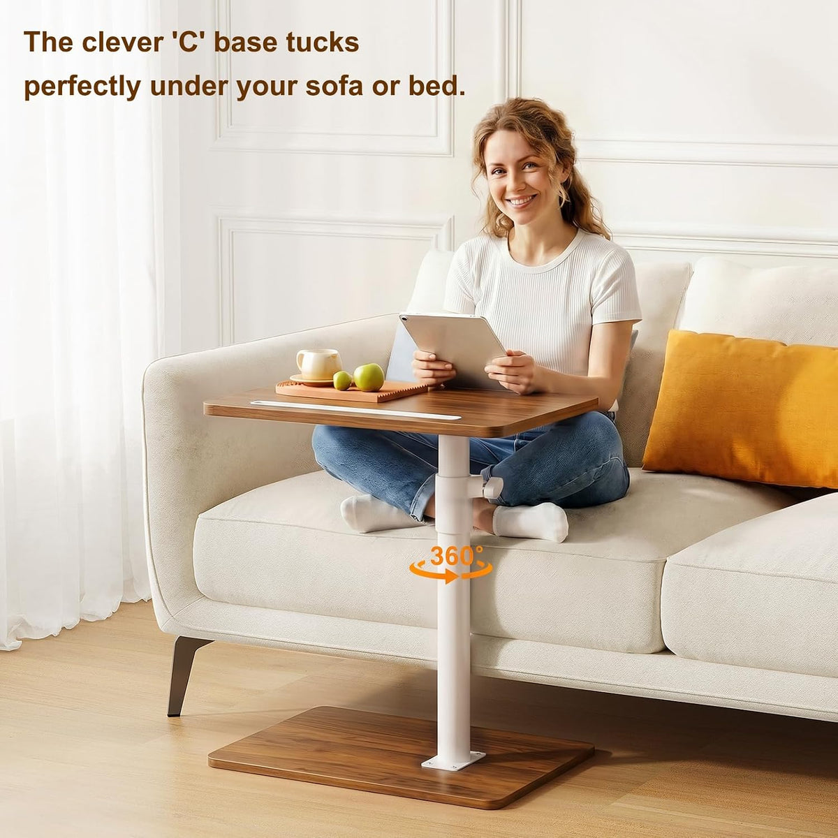 CAIYUN C Shaped Side Table, Height Adjustable Swivel 360° Rotating, End Table for Small Spaces, Sofa Side Table with Metal Frame for Living Room, Bedroom, Oak - Image 6