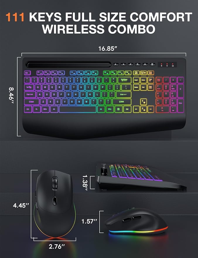 Wireless Keyboard and Mouse Combo - 9 Backlit Effects, 2.4GHz | Ergo Wrist Rest, Phone Holder, Full Size, Rechargeable, Sleep Mode, KM22 MAX Quiet Set for Computer, PC, Laptop, Mac, Windows - Image 9