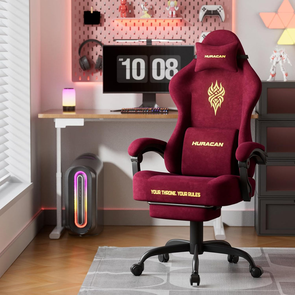 Velvet Fabric Gaming Chair - 20.5″ Wider Seat Cushion, Fire Embroidery, Ergonomic High Back Game Chair with Footrest | Computer Chair with Massage Lumbar Support for Adult, Red - Image 2