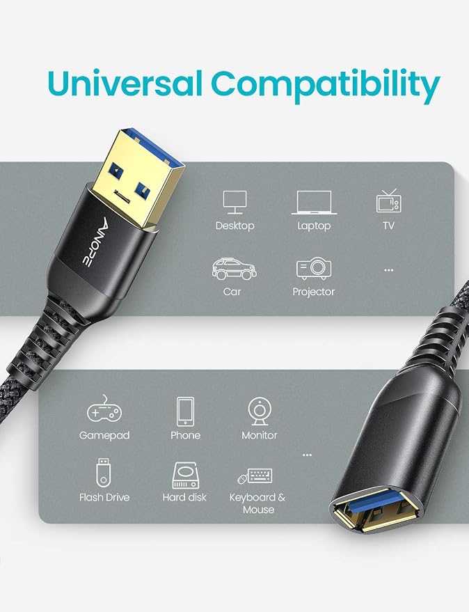 AINOPE USB Extension Cable,USB Extender,USB 3.0 Extension Cable, Male to Female Cord High Data Transfer Compatible with Webcam,Keyboard,Flash Drive,Hard Drive,Printer,6.6FT,Black - Image 6