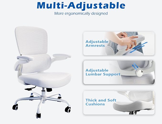 TRALT Ergonomic Office Chair Desk Chair with Adjustable Lumbar Support | Desk Chair Comfy with Flip-up Armrests Ergonomic Chair - Mesh Computer Chairs for Adults, 330lbs, PU Leather (White, 1) - Image 5