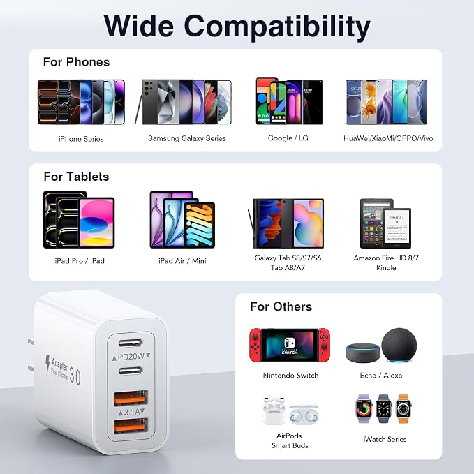 [2-Pack] 40W USB C Charger Block, 4-Port Type C Fast Charging Brick Dual PD&QC Wall Plug Adapter Power Brick for iPhone 13/14/15/16/17/Pro Max/Plus/iPad/Airpods/iwatch/Samsung Galaxy - Image 4