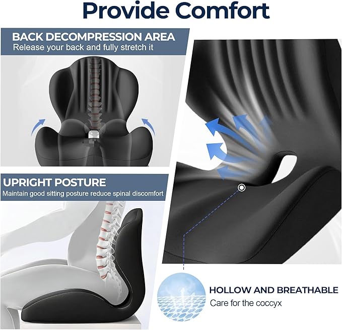 Seat Cushion for Office Chair and Car, L-Shaped Ergonomic Seat Cushions,Memory Foam Orthopedic Cushion with Coccyx Hollow,Lumbar Support & Tailbone Pain Relief for Car, Truck, Home,Gaming Chair,Black - Image 5