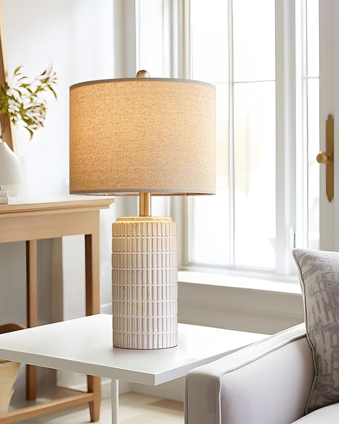 PoKat 23'' Bedside Table Lamp for Bedroom Nightstands, Modern Ceramic Decor | White Desk Lamp, Nickel Pole, House Warming & Birthday Gifts, for Women Mom, Ideal Table Light for End Table & Living Room - Image 6