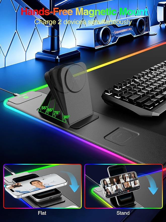 Wireless Charging Mouse Pad with Magnetic Phone Stand, 31.5"x15.8" Large | Gaming Mousepad RGB Desk Mat, Smooth Glide, Stitched Edge, Non-Slip Rubber Base, Waterproof Keyboard Mat, No Adatper - Image 3