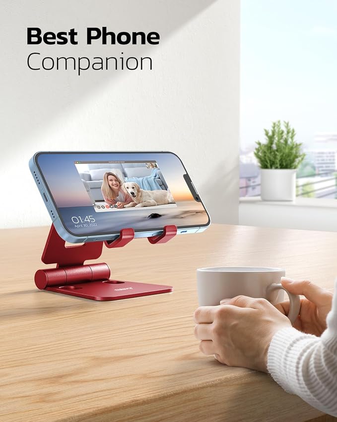 Nulaxy Full Aluminum Dual Folding Cell Phone Stand for Desk, Red | Height Angle Adjustable, Portable, Anti-Slip Base, Fits 18mm Thick Case Smartphone, Nintendo Switch Desk Essential Accessory - Image 6