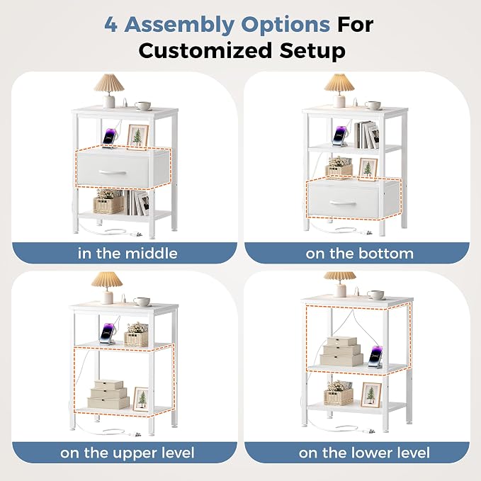 OLIXIS Nightstand with Charging Station, Beside Table with Fabric Drawers | 3-Tier End Table Set of 2 with 2 Storage Shelves,Night Stand with USB Ports and Outlets for Bedroom, White - Image 9