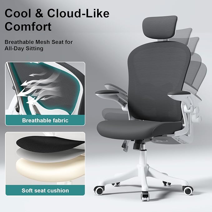 Ergonomic Mesh Office Chair, Black | Adjustable Lumbar Support and Headrest,Ergonomic Home Office Chair, Flip-Up Arms 90-120° Tilt Lock Rolling Swivel Work Chair - Image 3