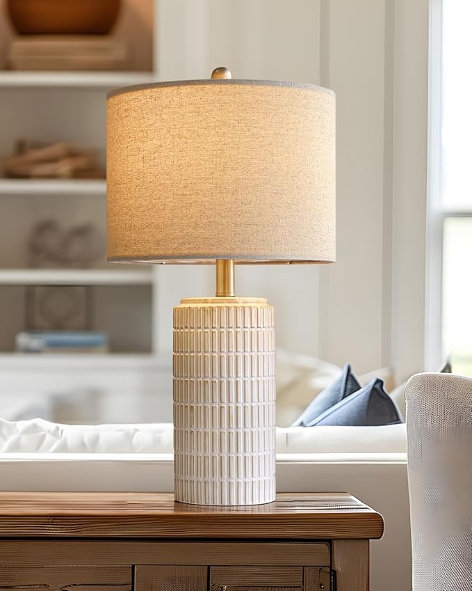 PoKat 23'' Bedside Table Lamp for Bedroom Nightstands, Modern Ceramic Decor | White Desk Lamp, Nickel Pole, House Warming & Birthday Gifts, for Women Mom, Ideal Table Light for End Table & Living Room by Pokat