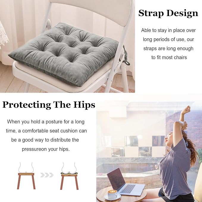 Set of 4 Square Chair Pads Indoor Seat Cushions Pillows with Ties Soft Comfortable Non Slip Chair Mat for Kitchen Dining Office Desk Living Room Outdoor Tatami 15.5" - Gray - Image 4