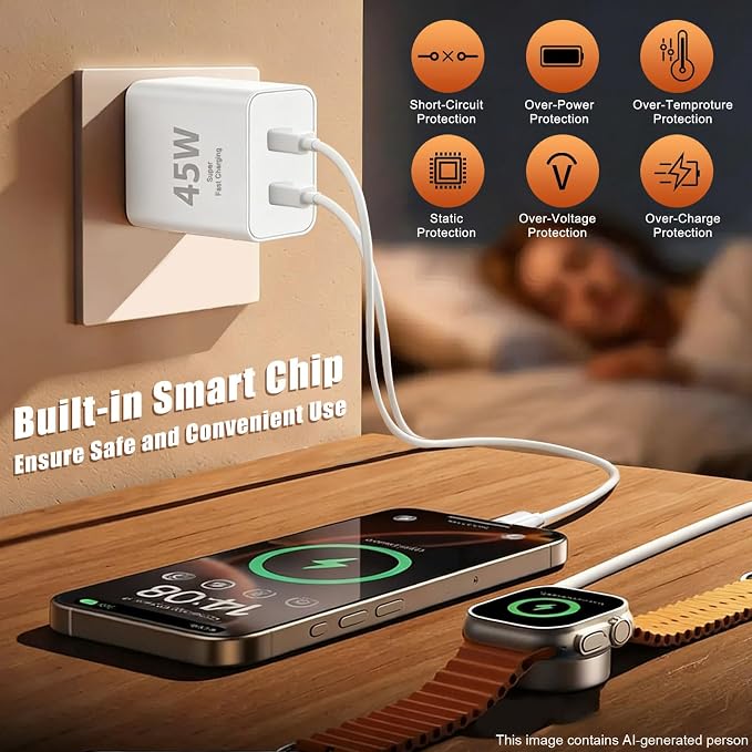 45W USB-C for iPhone 17 16 15 Pro Max Charger Fast Charging and Long Type C to C Cable Cord 10FT/6FT,PD 3.0 GaN Dual USB C Port Super Fast for iPhone 17 Pro/17 Air/16 Plus/15 Series/Pad/Galaxy S24/S25 - Image 3