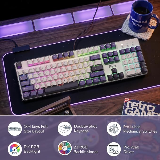 RK ROYAL KLUDGE RK920 Full Size Mechanical Keyboard Wired, RGB Backlit | 104 Keys Computer Keyboard, Hot Swappable Custom Switches, Double-Shot PBT Keycaps, Anti-Ghosting Gaming Keyboard for PC Mac - Image 2
