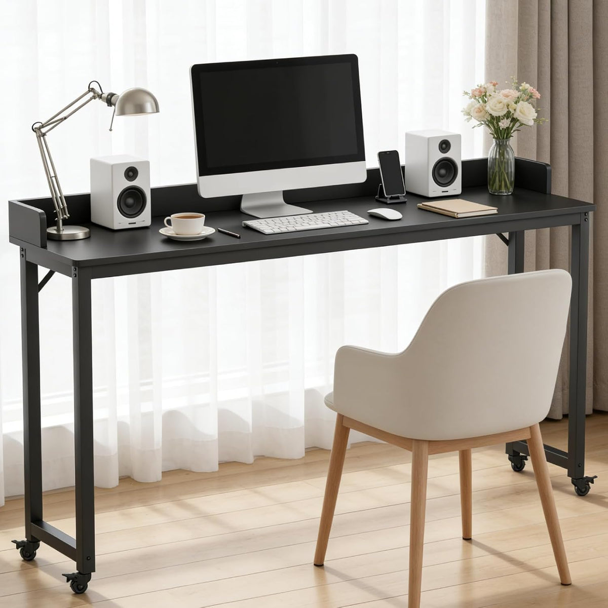 Overbed Table with 360° Wheels, Queen Size Mobile Bed Desk, Black - Image 8