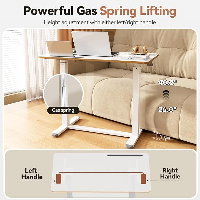 Mobile Standing Desk with Drawer, Height Adjustable, 35" White | Small Rolling Desk & Table, Pneumatic Computer Sit Stand Workstation, Portable Laptop Cart w/ Hidden Wheels, Lockable Casters - Image 5