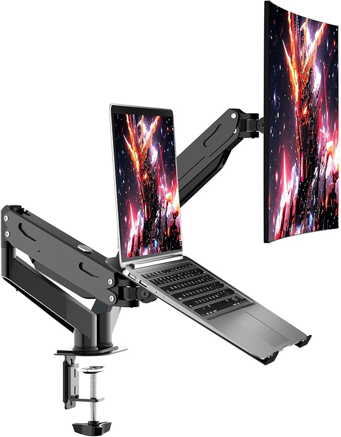 Pholiten Monitor and Laptop Mount for Max 32" Screen and 17" Notebook | Dual Monitor Mount Holds up to 22lbs Each, Laptop Tray Stand with Gas Spring Arm, VESA 75x75/100x100mm by PholitenMonitorArm
