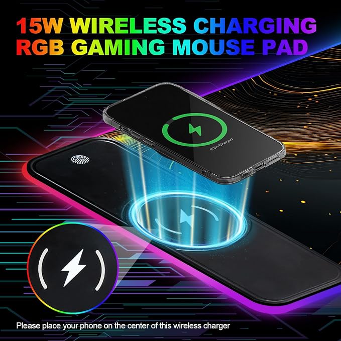 Wireless Charging RGB Gaming Mouse Pad, 31.5 x 11.8 Inch Extended Mouse Mat with Black & Gold Abstract Wave Design, LED Desk Pad with 7 Lighting Modes, Non-Slip Base for Gaming & Office - Image 6
