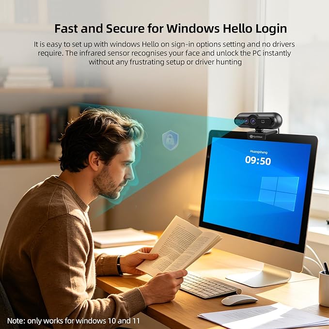 4K Webcam with Windows Hello, Sliding Privacy Cover, Facial Recognition, Log-on with Windows Hello, Built-in Microphone, USB Webcam, Works with Microsoft Teams, Zoom, Google Meet - Image 2