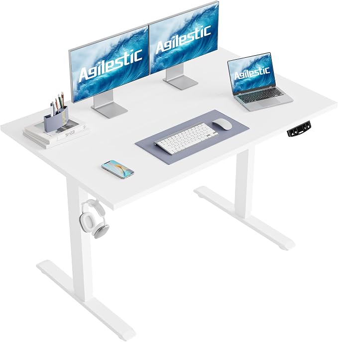 Agilestic Electric Height Adjustable Standing Desk, 55 Inch, White | Smooth Height Adjustment, Memory Presets, Hooks, Stable Steel Frame,154 lbs Capacity, Easy Assembly, Splice Board by Agilestic