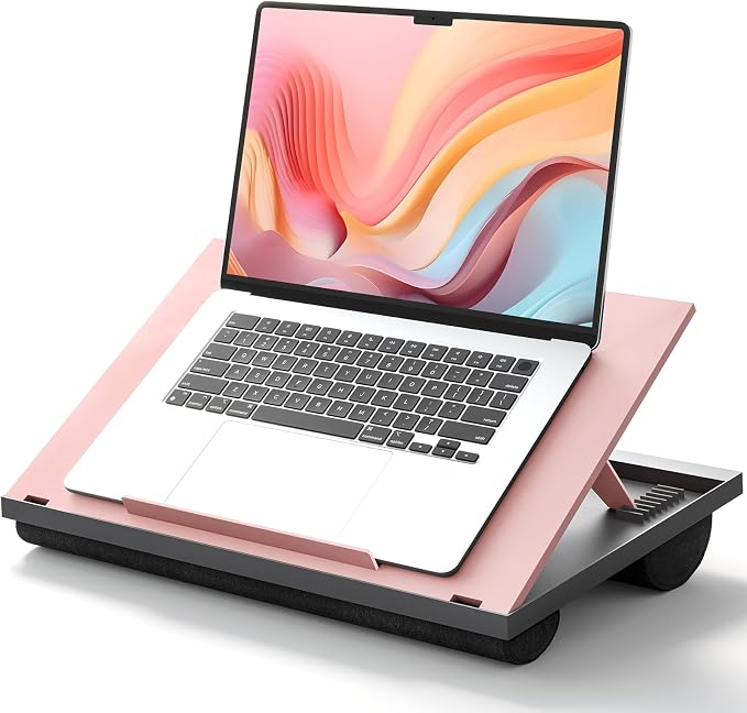 HUANUO Adjustable Lap Desk - with 8 Adjustable Angles & Dual Cushions Laptop Stand for Car Laptop Desk, Work Table, Lap Writing Board & Drawing Desk on Sofa or Bed, Pink | Dual-cushion base, carry handle, 30% thicker for durability, wider anti-slip led... by HUANUO
