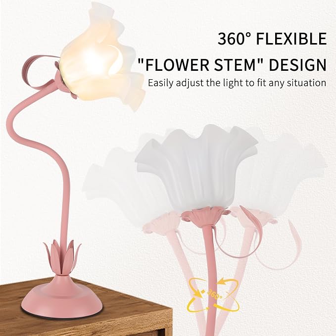 Cute Flower Desk Lamp, 3 Color Temperature Table Lamps with LED Bulb, Vintage Bedside Lamp, Reading Lamps with Soft Light for Bedroom, Living Room（Pink） - Image 2