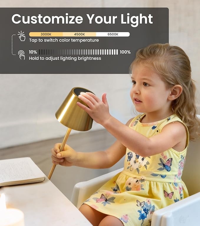 Cordless Table Lamp, Portable Battery Operated Lamp with 3 Color Temps and Stepless Dimming, Rechargeable Table Lamp for Dinner, Desk, Cafe, Outdoor (Brushed Gold) - Image 3