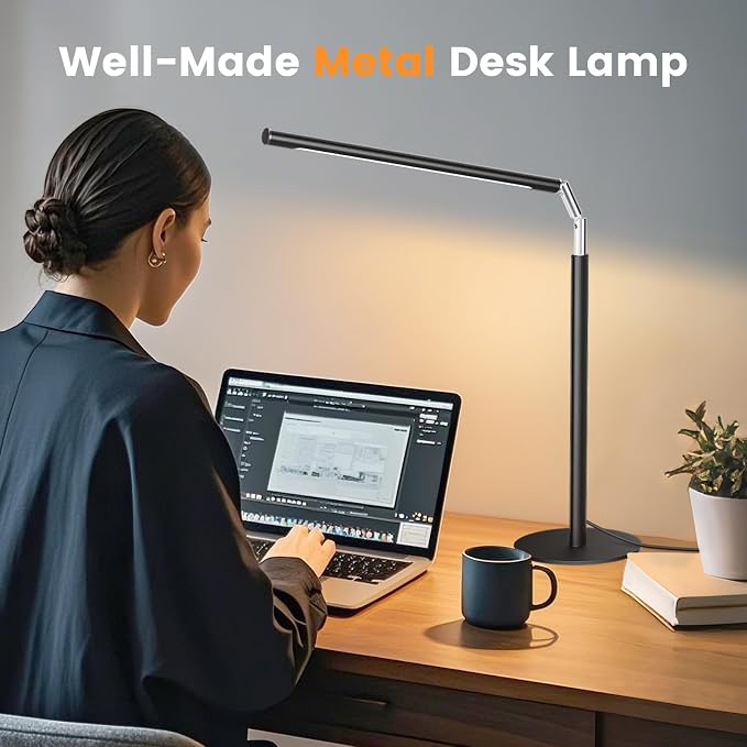 Metal LED Desk Lamp, 16" Dimmable Desk Light with Base, 15W 1200LM, Adapter Included, Color & Brightness Adjustable, Modern Tall Table Lamp for Home Office Reading Study Task Laptop, Black - Image 6