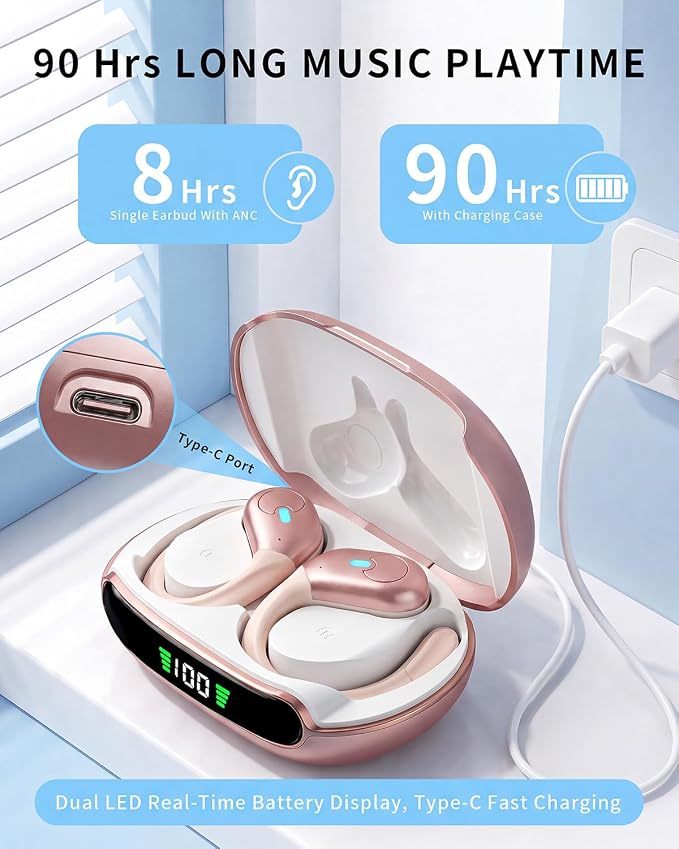 Active Noise Cancelling Ear Buds Wireless Earbuds 90H Playtime Bluetooth Headphones Stereo Bass Over-Ear Hooks Earphones with Power Display Case IPX7 Waterproof Headset for Workout/Running, Rose Gold - Image 3