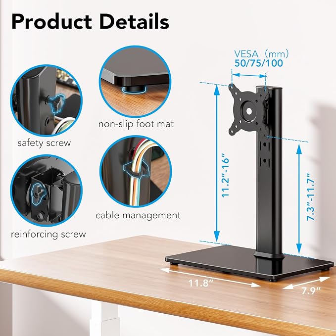 Single Monitor Desk Stand Free-Standing Desk Mount Arm Riser for 13 inch to 32 inch Screen Freestanding VESA Mount Base, Adjustable Height, Tilt, Swivel, Rotation, Black AX05TB01 - Image 7