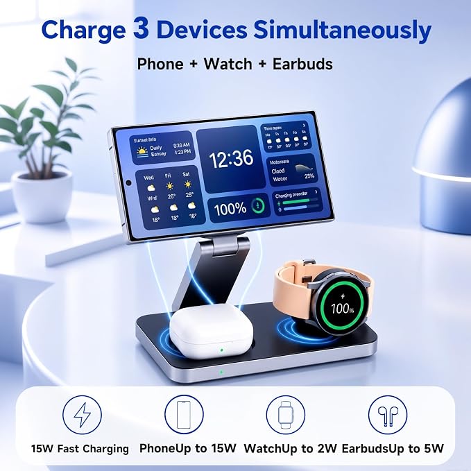 3 in 1 Foldable Magnetic Wireless Charging Station for Samsung | Fast Wireless Charger Stand for Galaxy S26 Ultra/S25/S24, Z Fold 7/Flip 7, Galaxy Watch Ultra/8/7/6, Buds 3 Pro - Image 2