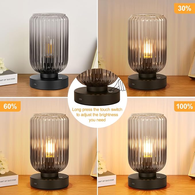 LightRound Cordless Table Lamp for Bedroom, Touch Stepless Dimmable | 7500mAh Rechargeable Battery, Gray Glass Shade, Matte Black Base, Bulb Included, Modern Wireless Lamp for Desk, Living Room - Image 3