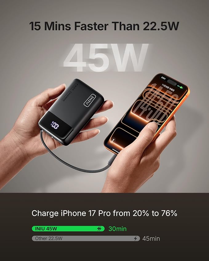 INIU Portable Charger, Smaller 45W Fast Charging Power Bank, 20000mAh Black | Flight-Safe, Built in USB-C Cable, Travel Essentials, Battery Phone Pack for iPhone 17 16 15 Pro, Samsung S26 S25, iPad etc - Image 3