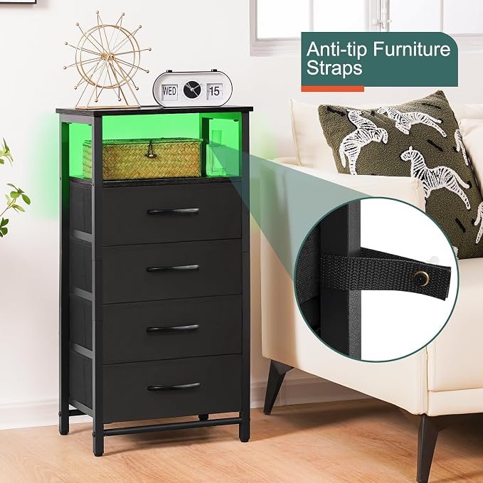 Yoobure Night Stand - Black Nightstand with Charging Station, Small Dresser | Bedside Table with 4 Fabric Drawers and Storage Shelf, LED End Table, Vertical Dressers with USB Ports and Outlets - Image 8