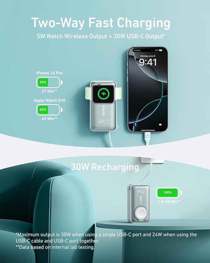 Anker MagGo Power Bank for Apple Watch, 10,000mAh 35W Max Portable Charger | Officially Certified 10,000mAh Battery Pack with Built-In USB-C Cable, for iPhone 17 Series, Samsung, iPad, AirPods, and More - Image 3