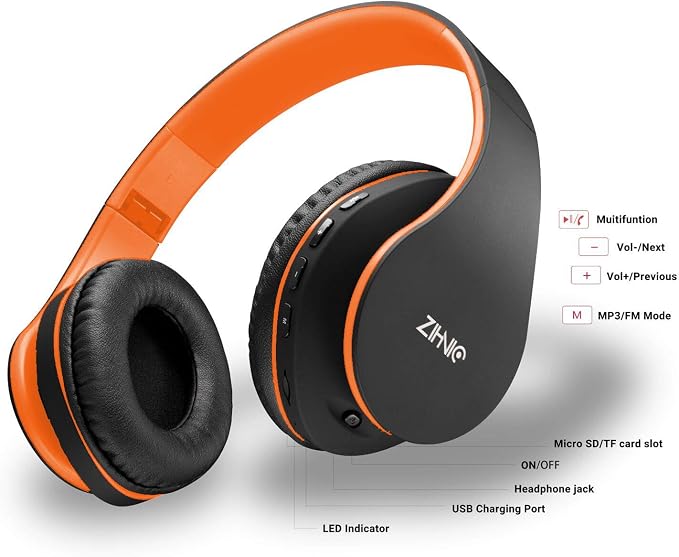 ZIHNIC Bluetooth Headphones Over-Ear, Foldable Wireless and Wired Stereo Headset Micro SD/TF, FM for Cell Phone,PC,Soft Earmuffs &Light Weight for Prolonged Wearing(Black/Orange) - Image 4
